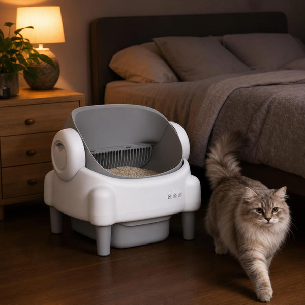 Smart automatic self-cleaning litter box white with cat
