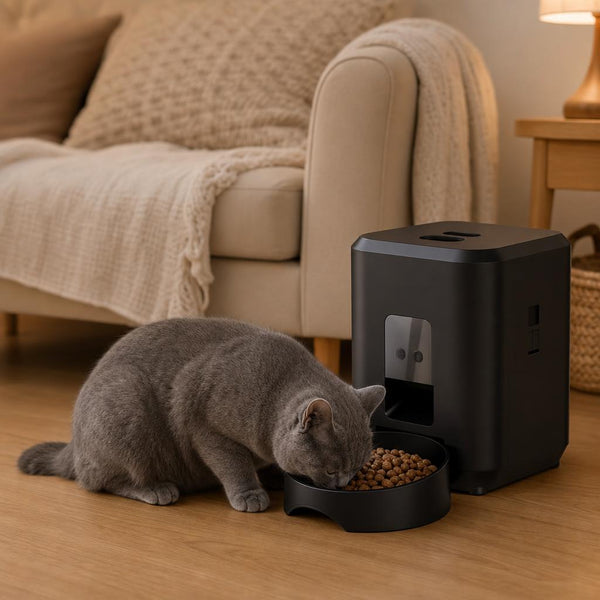 Cat eating from automatic feeder