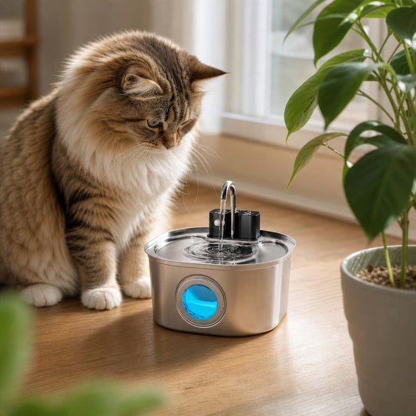 Cat next to water fountain